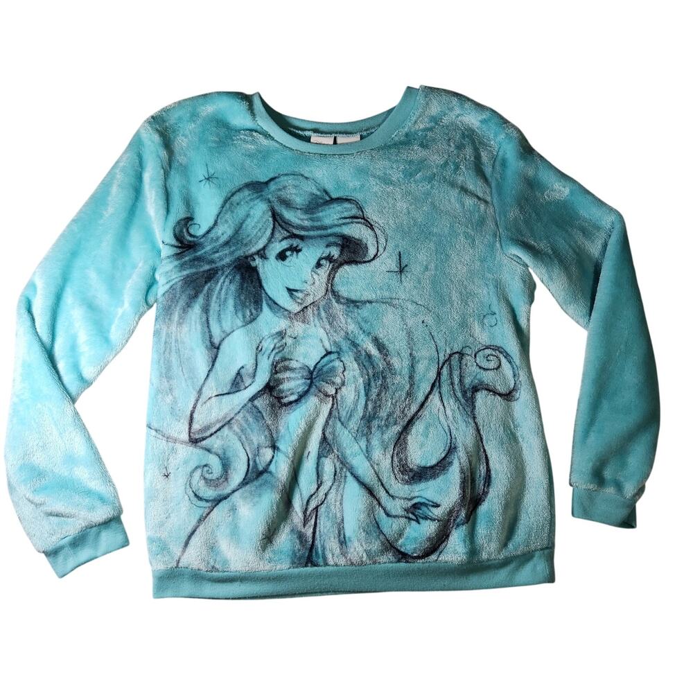 Disney The Little Mermaid Ariel Plush Fuzzy Crewneck Sweater Aqua Blue Small